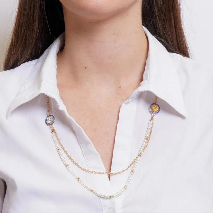 Collana in Metallo multifilo con sfere e maioliche multicolore