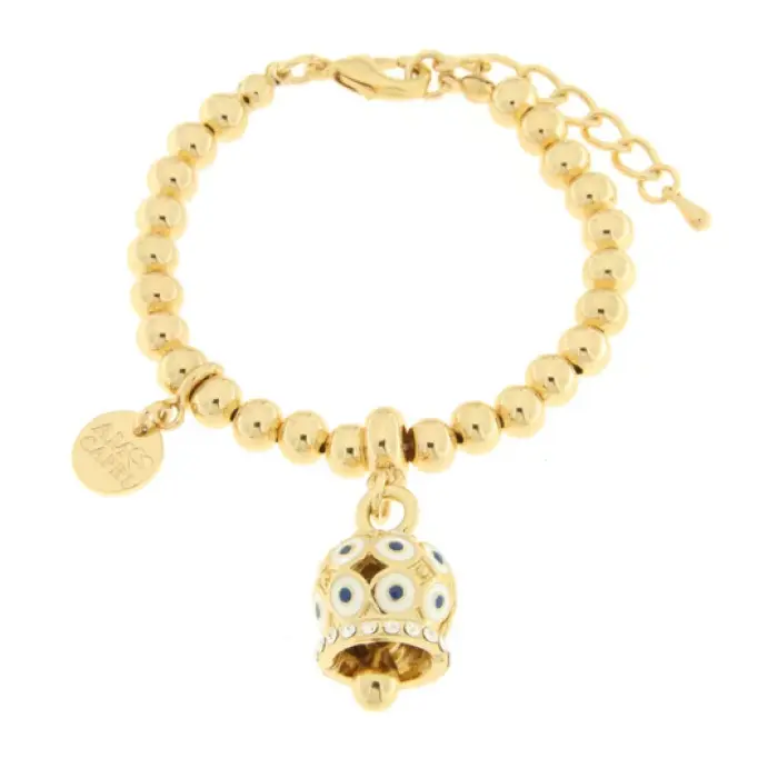 Bracciale in Metallo con campanella a pois bianco e zirconi