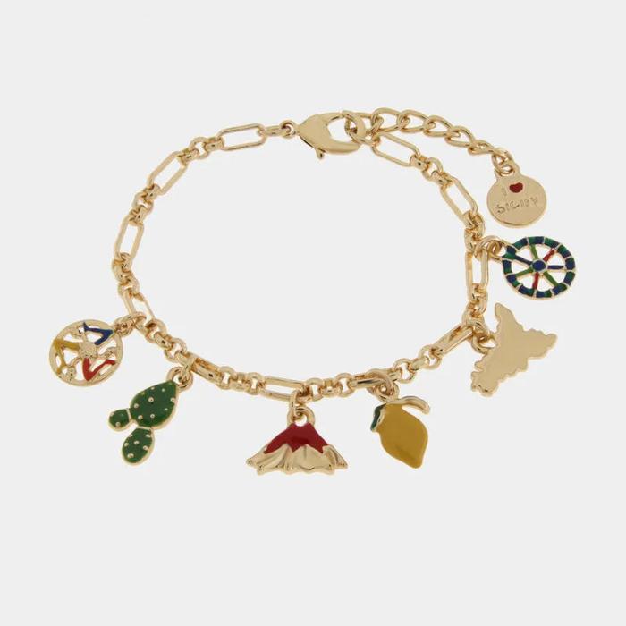 Bracciale in Metallo con limone, etna, fico d'india, sicilia e ruota del carro siciliano