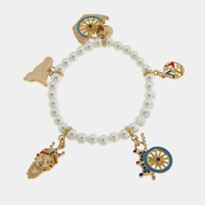 Bracciale in Metallo elastico con sfere bianche e ciondoli