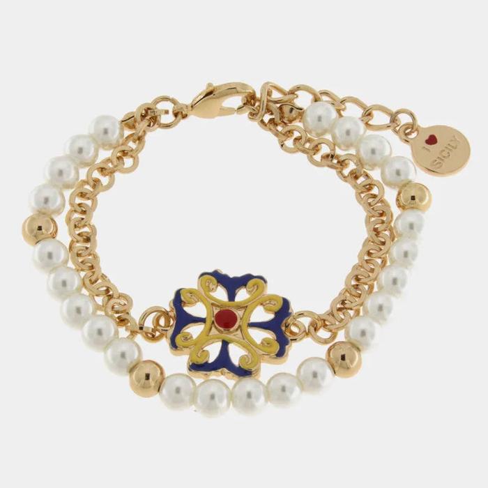 Bracciale in Metallo multiflo con sfere bianche