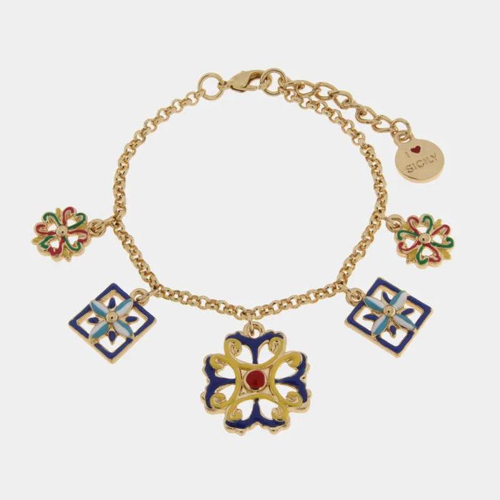 Bracciale in Metallo con ciondoli maioliche siciliane smaltate