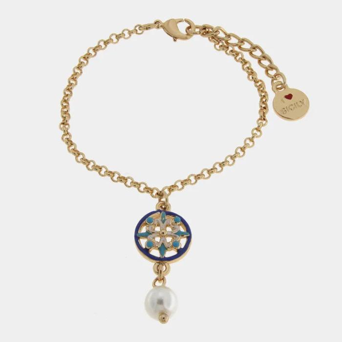Bracciale in Metallo con ciondolo pendente ispirato alle maioliche siciliane e sfera bianca
