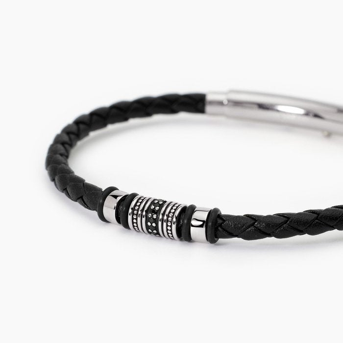 Bracciale in acciaio e pelle nera SMARTER