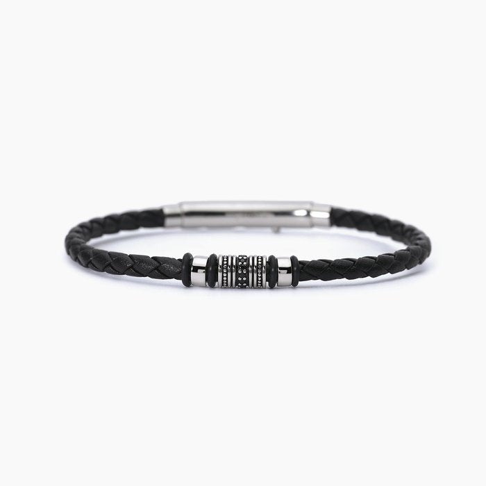 Bracciale in acciaio e pelle nera SMARTER