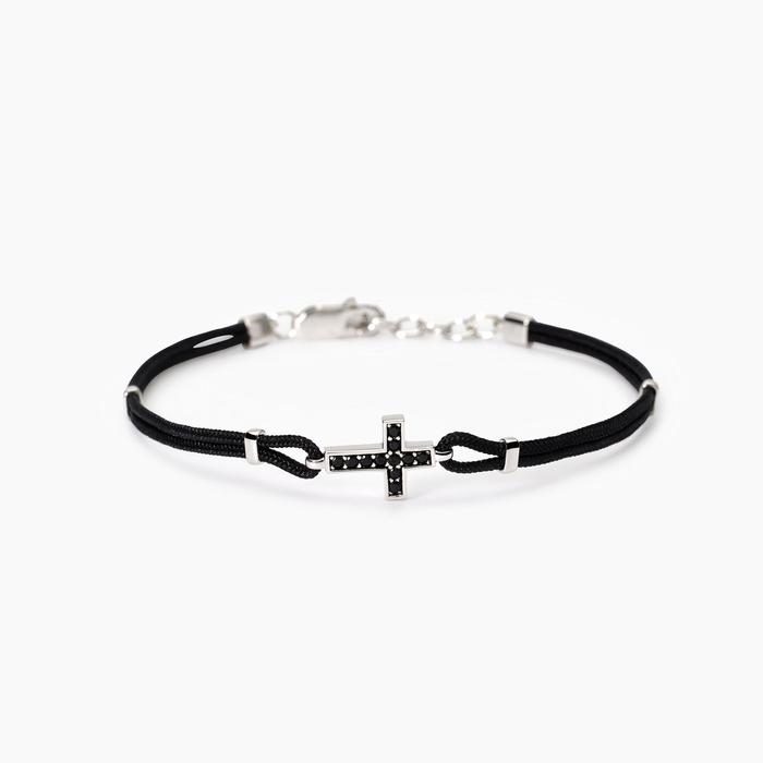 Bracciale da uomo in argento con croce e zirconi neri Mystical
