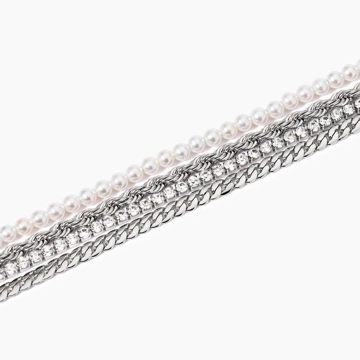 Bracciale catene con perle e tennis di cristalli bianchi Style 08