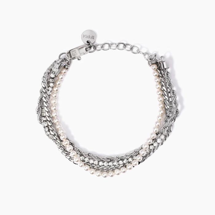Bracciale catene con perle e tennis di cristalli bianchi Style 08