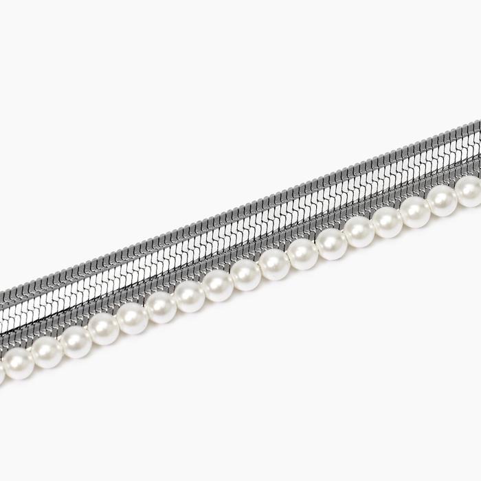 Bracciale catene e perle conchiglia in acciaio argentato Style 14