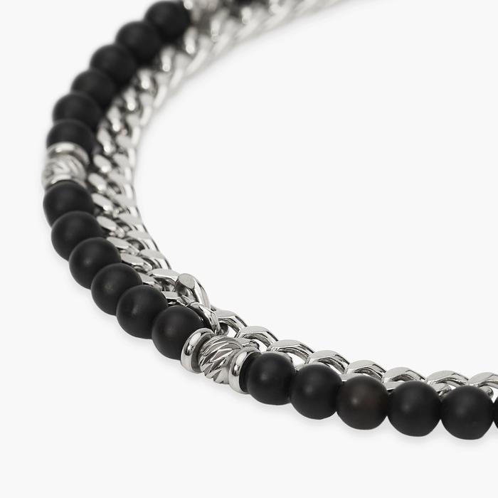 Bracciale uomo con catena groumette e catena con sfere diamantate e agata nera Style  37