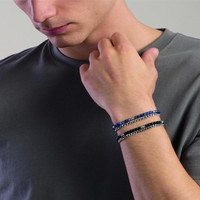Bracciale uomo con catena groumette e catena con sfere diamantate e agata nera Style  37