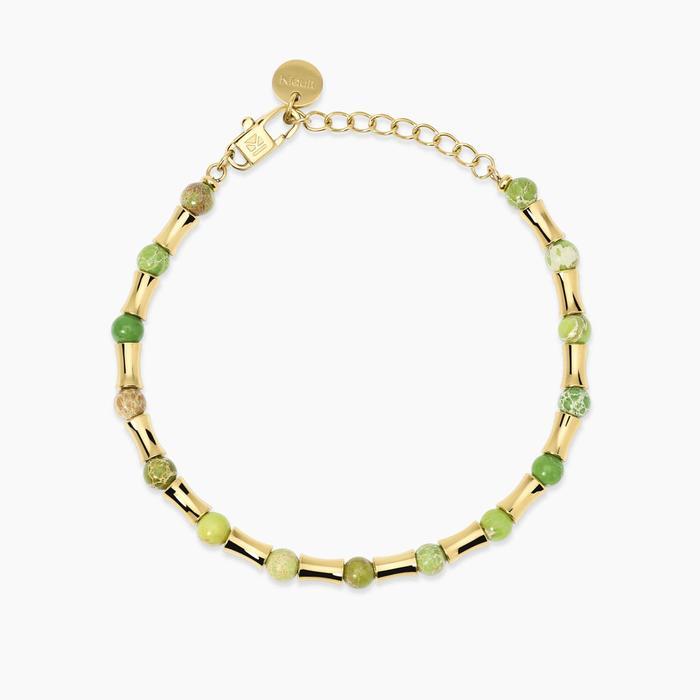 Bracciale dorato con elementi bambù e diaspri verdi Style 79