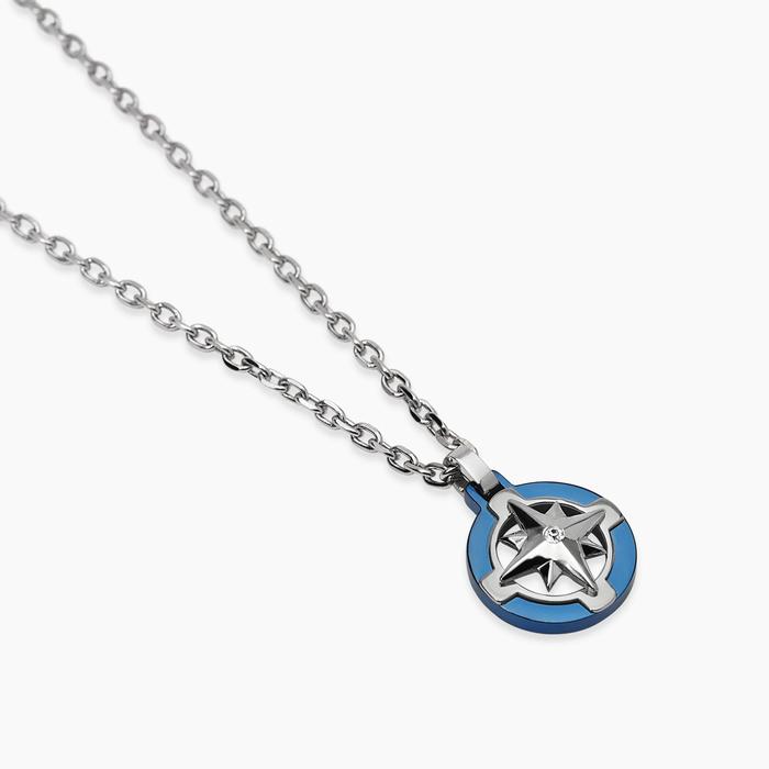 Collana con ciondolo rosa dei venti in acciaio e blu Style 41