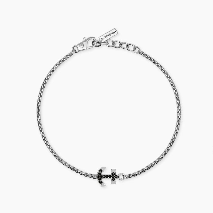 Bracciale in argento con ancora in zirconi neri da uomo NAVY RULE