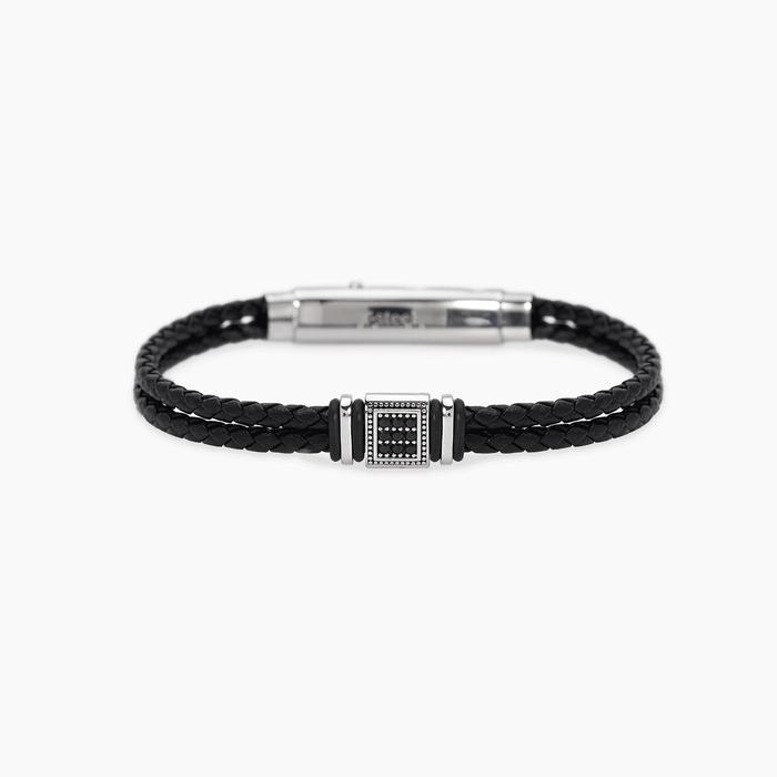 Bracciale in lab leather e zirconi neri da uomo PRIMO CAPITANO