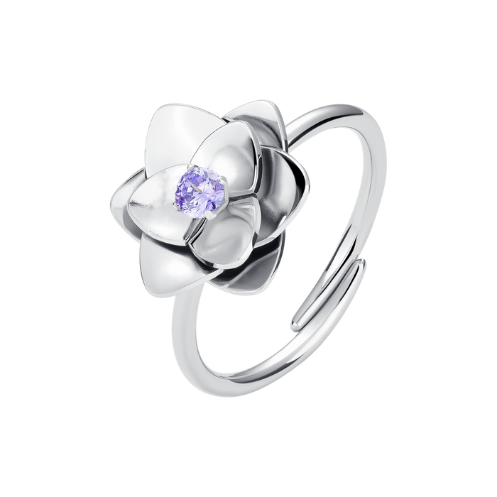 ANELLO DONNA IN ACCIAIO, FIORE CON ZIRCONE VIOLA