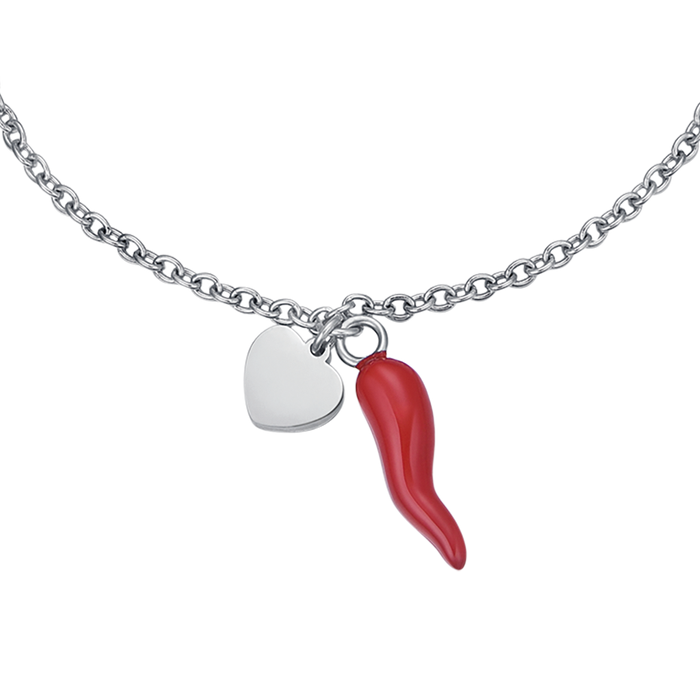 BRACCIALE DONNA IN ACCIAIO CON CUORE E CORNO ROSSO