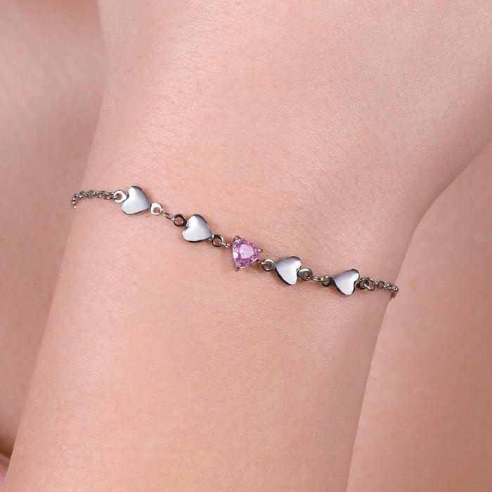 BRACCIALE DONNA IN ACCIAIO CON CUORI E ZIRCONE ROSA