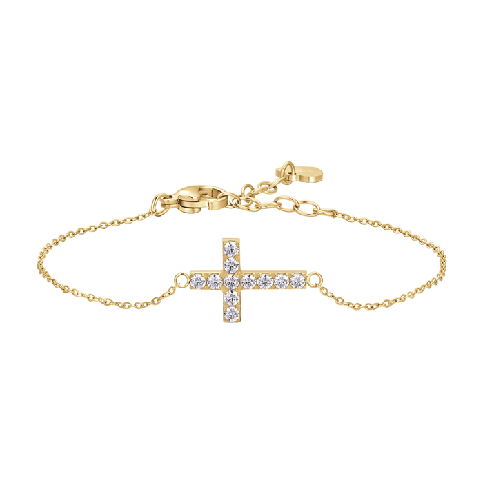 BRACCIALE DONNA IN ACCIAIO E IP GOLD CON CROCE E ZIRCONI BIANCHI