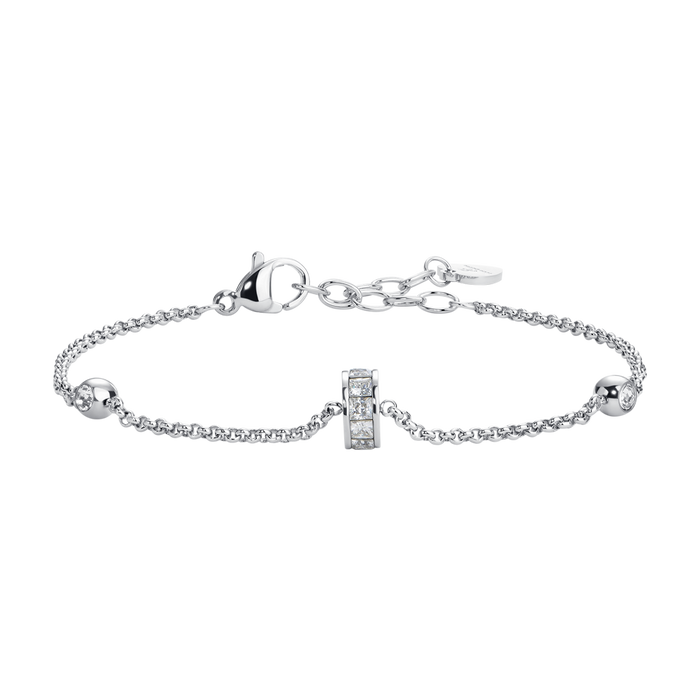 BRACCIALE DONNA IN ACCIAIO, BUSSOLOTTO ED ELEMENTI CON ZIRCONI BIANCHI