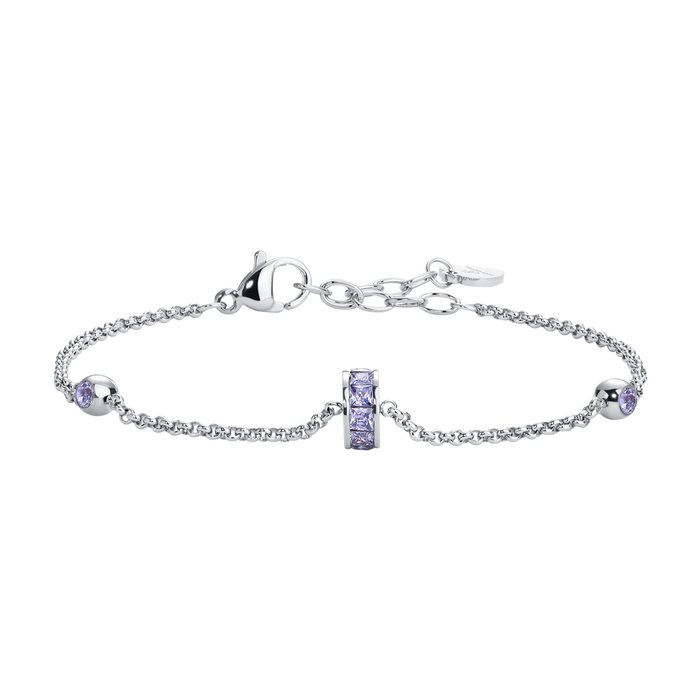 BRACCIALE DONNA IN ACCIAIO, BUSSOLOTTO ED ELEMENTI CON ZIRCONI VIOLA
