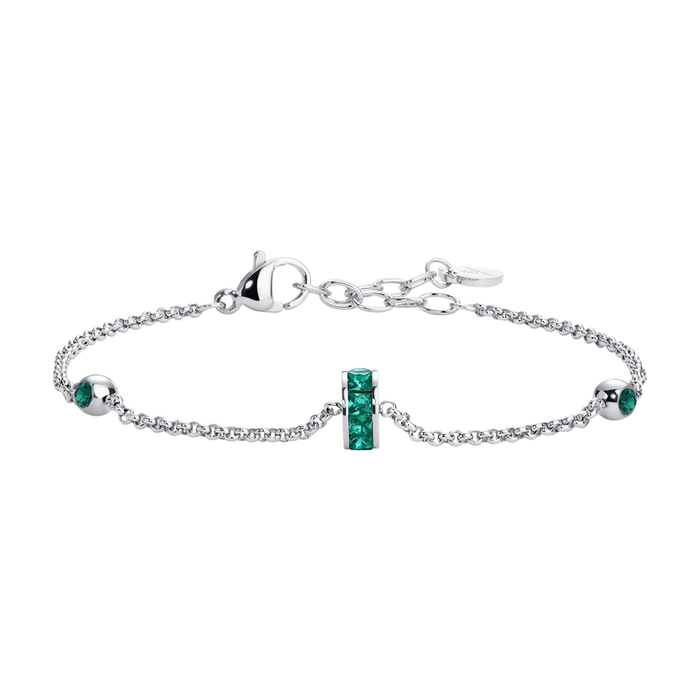 BRACCIALE DONNA IN ACCIAIO, BUSSOLOTTO ED ELEMENTI CON ZIRCONI VERDI