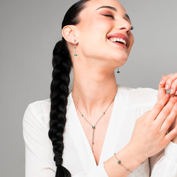 BRACCIALE DONNA IN ACCIAIO, BUSSOLOTTO ED ELEMENTI CON ZIRCONI VERDI