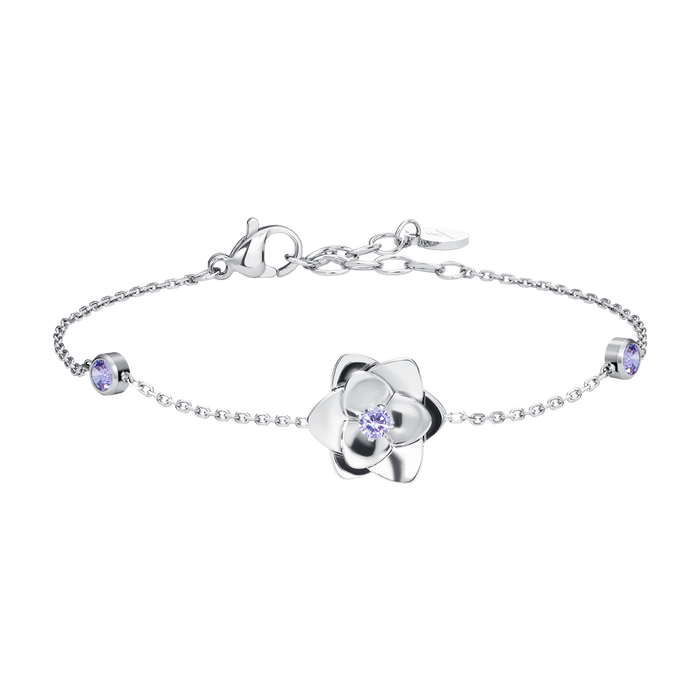 BRACCIALE DONNA IN ACCIAIO, FIORE ED ELEMENTI CON ZIRCONI VIOLA