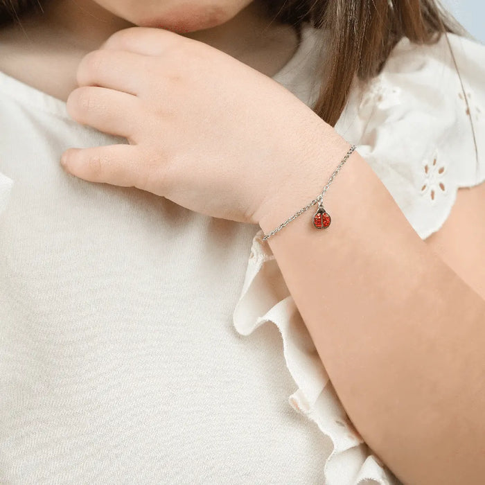 BRACCIALE BAMBINA IN ACCIAIO CON COCCINELLA E CRISTALLI ROSSI