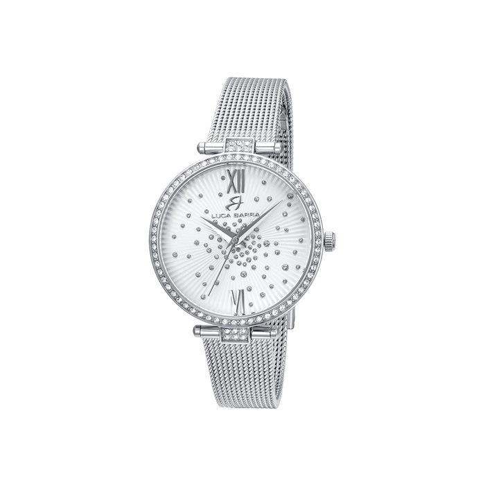 OROLOGIO DONNA IN ACCIAIO CON QUADRANTE BIANCO GHIERA CON CRISTALLI BIANCHI