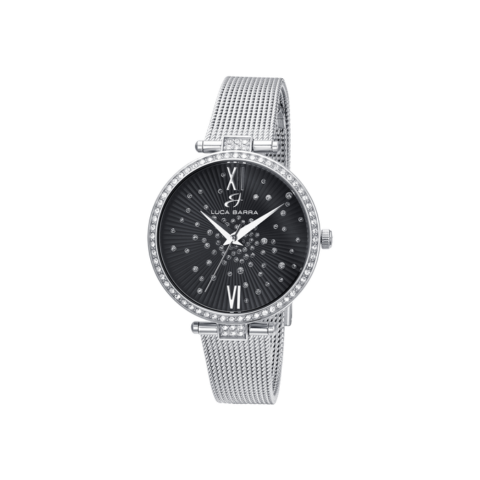 OROLOGIO DONNA IN ACCIAIO QUADRANTE NERO GHIERA CON CRISTALLI BIANCHI