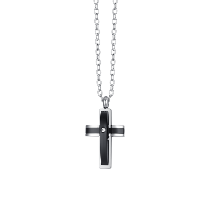 COLLANA UOMO IN ACCIAIO CROCE IP NERO E ZIRCONE