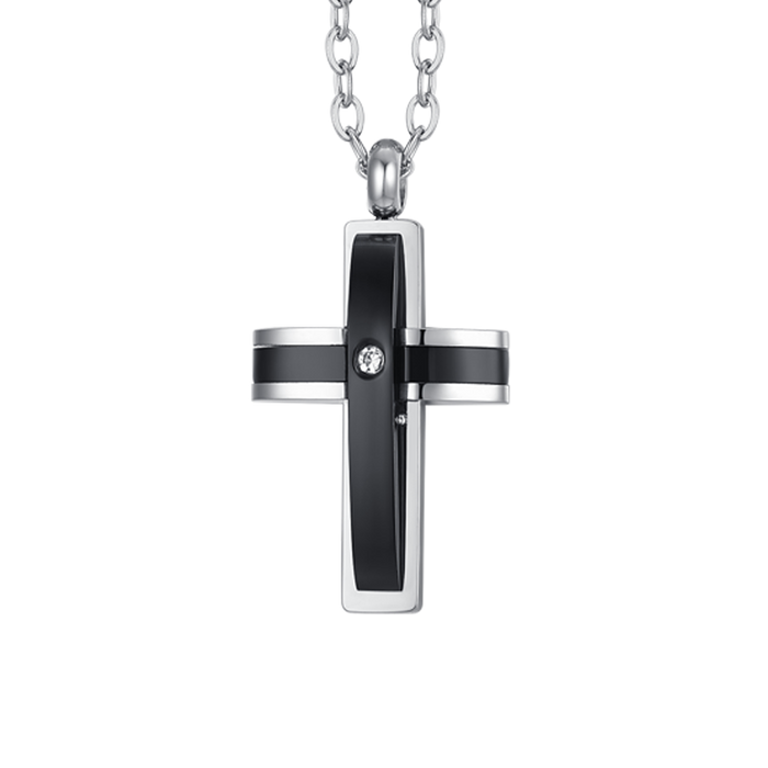COLLANA UOMO IN ACCIAIO CROCE IP NERO E ZIRCONE
