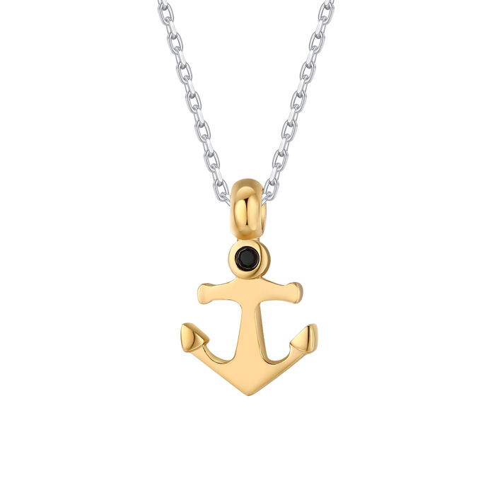 COLLANA UOMO IN ACCIAIO COLORE ORO CON ANCORA E ZIRCONE NERO