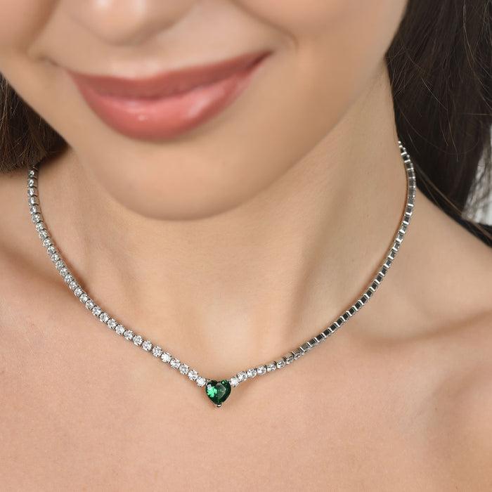 COLLANA TENNIS DONNA IN ACCIAIO CON CRISTALLI BIANCHI E CUORE CRISTALLO VERDE