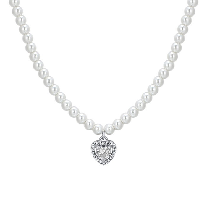 COLLANA DONNA IN ACCIAIO PERLE E CUORE ZIRCONE BIANCO