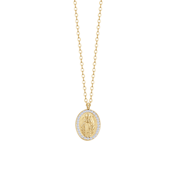 COLLANA DONNA IN ACCIAIO IP GOLD,  MADONNINA MIRACOLOSA E ZIRCONI BIANCHI