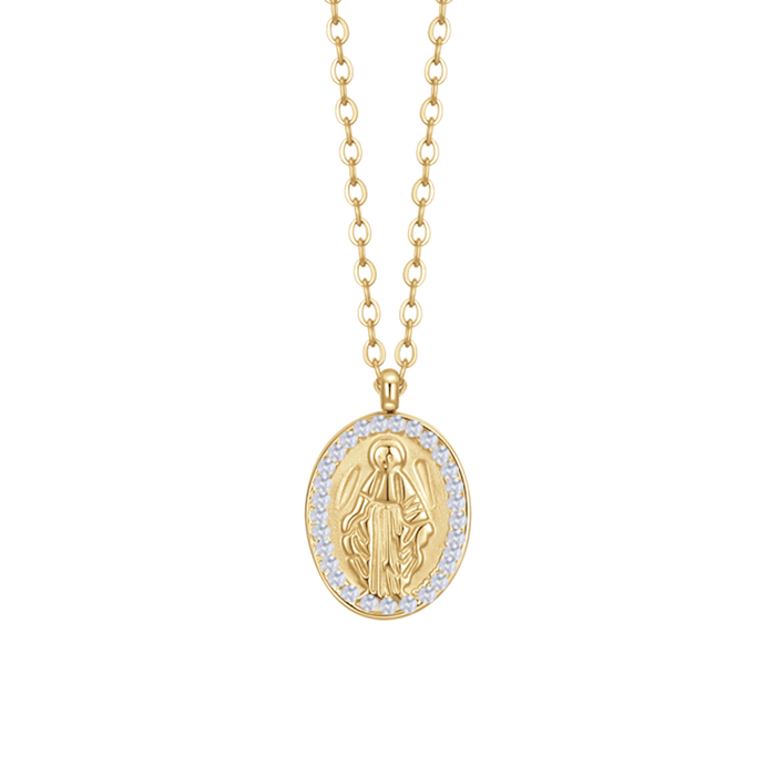 COLLANA DONNA IN ACCIAIO IP GOLD,  MADONNINA MIRACOLOSA E ZIRCONI BIANCHI