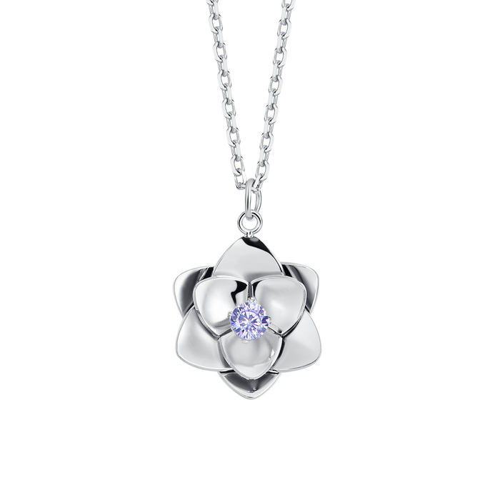 COLLANA DONNA IN ACCIAIO, FIORE ED ELEMENTI CON ZIRCONI VIOLA