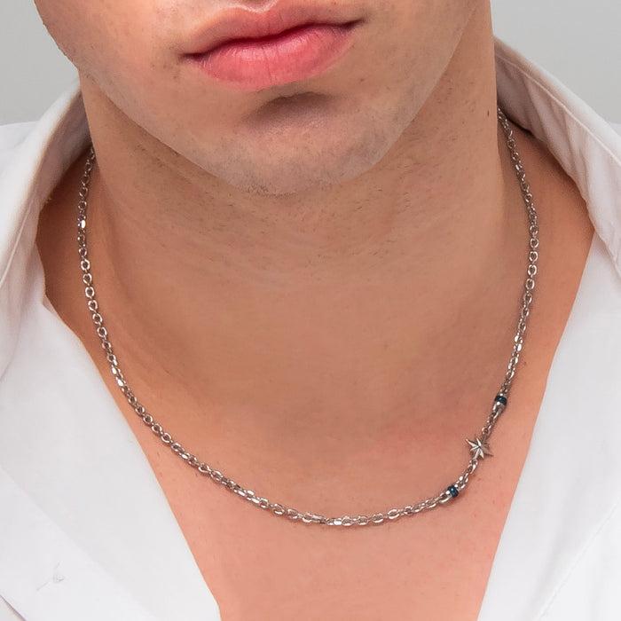 COLLANA UOMO IN ACCIAIO CON ROSA DEI VENTI ED ELEMENTI IN IP BLU
