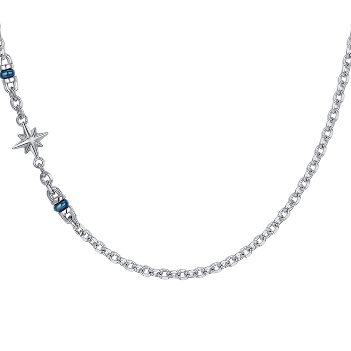 COLLANA UOMO IN ACCIAIO CON ROSA DEI VENTI ED ELEMENTI IN IP BLU