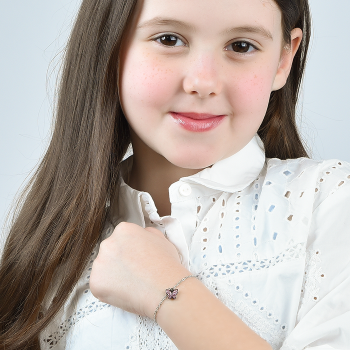 BRACCIALE BAMBINA IN ACCIAIO CON FARFALLA E CRISTALLI ROSA