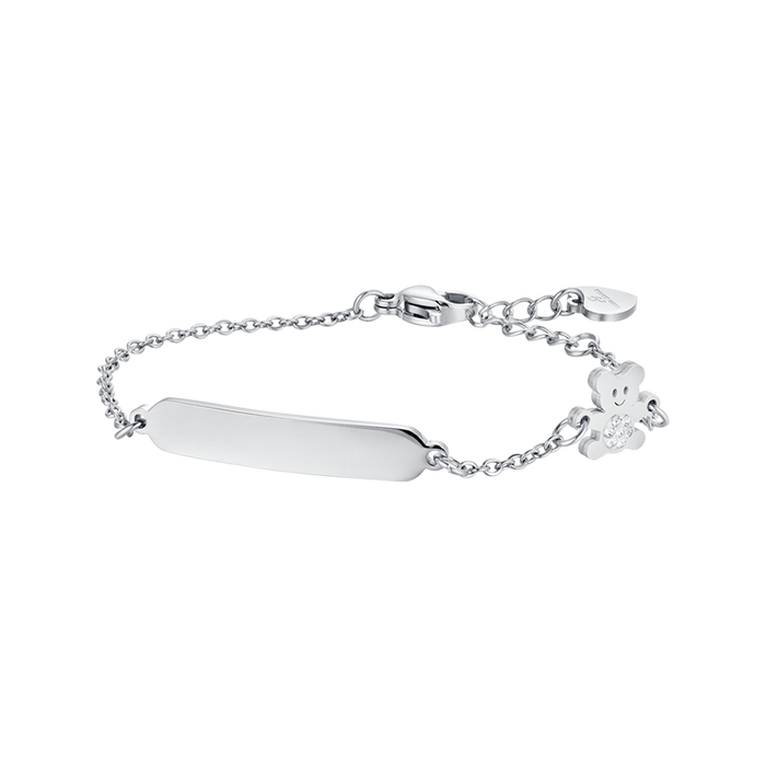 BRACCIALE BAMBINA IN ACCIAIO CON PIASTRA ED ORSETTO CON CRISTALLI BIANCHI