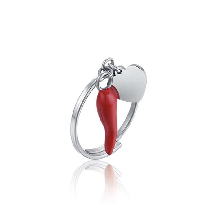 Anello In Acciaio Con Cuore E Corno Rosso
