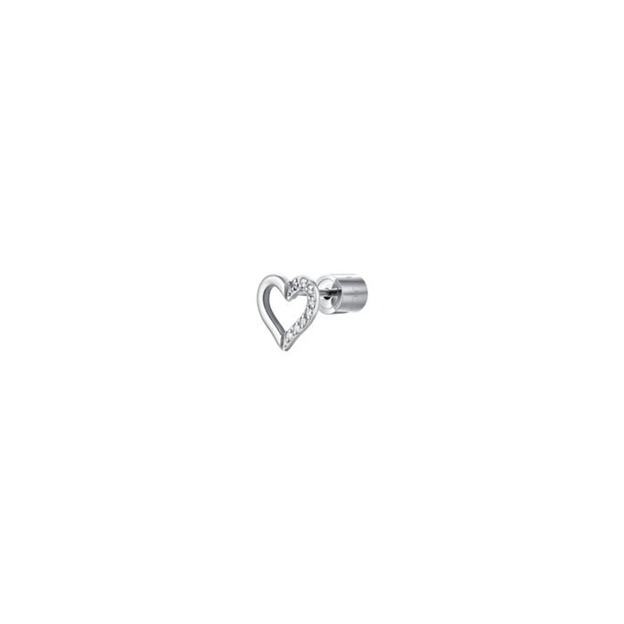 MONO ORECCHINO DONNA IN ACCIAIO CON CUORE CON PETALO CON PUNTI LUCE ZIRCONE BIAN