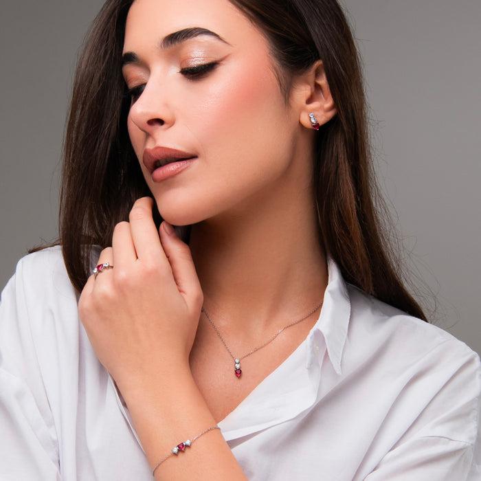 MONO ORECCHINO DONNA IN ACCIAIO CON CUORI CON ZIRCONI BIANCHI E ROSSI