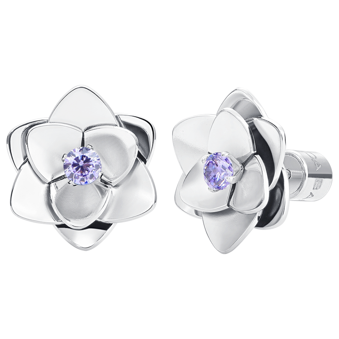 ORECCHINI DONNA IN ACCIAIO, FIORI CON ZIRCONI VIOLA