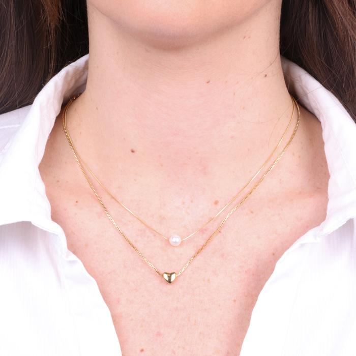 Collana in Acciaio doppia catena con perla e cuore