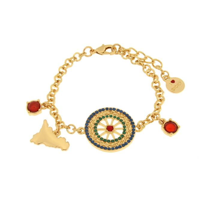 Bracciale in Metallo con ruota e Sicilia con cristalli verdi e rossi