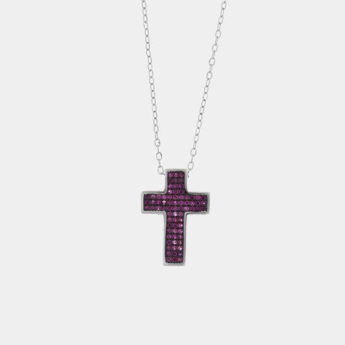 Collana in Argento 925 con croce e zirconi rosso rubino